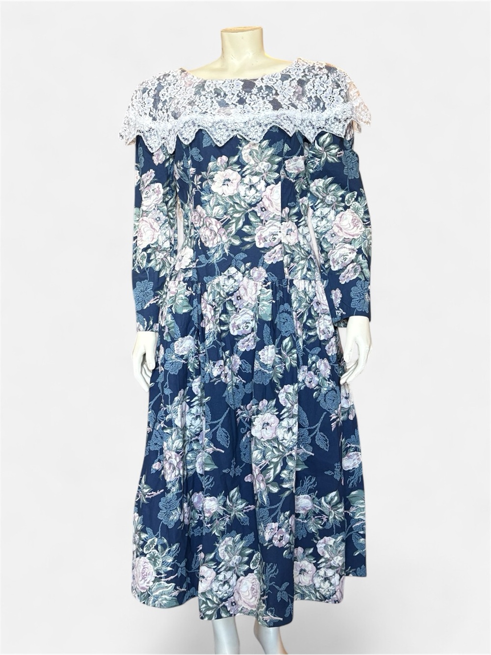 Vintage Jessica McClintock Gunne Sax Floral Lace Collar romantic Midi Dress 11
